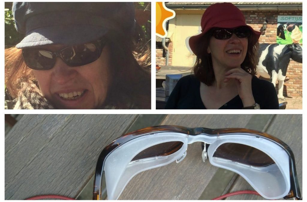 Anne im Winter und im Sommer jeweils mit Sonnenbrille und Kappe. Das dritte Bild zeigt die Sonnenbrille mit extra Umrandung.