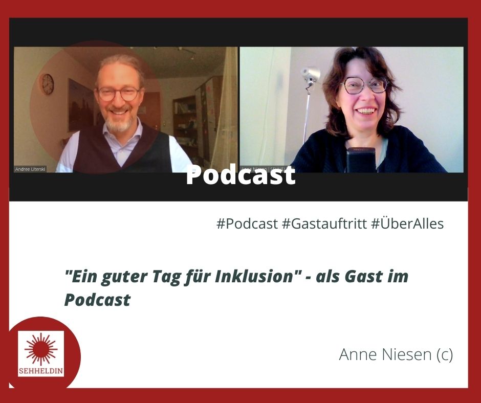 Foto von Andree Literski und Anne Niesen während der Podcastaufnahme. Beide lachen gut gelaunt. Gastauftritt bei "Ein guter Tag für Inklusion"